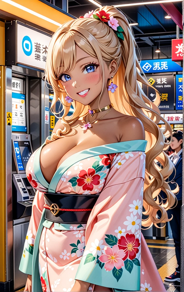 ultra-detailed, ((one girl)), (tan skin:1.6), in pastel colors gyaru, (heavy makeup), (professional lighting) hyper detailed, absurdres, 8K, Beautiful Face, (Laugh shyly), ((teasing smile:1.8)), ((Wink:1.7)), (Laugh with your mouth wide open),((Tilt your face:1.6)), View your viewers, ((Bright red cheeks:1.6)),Glossy Red Lips, ((Big Breasts:1.5)), ((undressing:1.2)), noon, Station ticket gates , ((Anime style background)),masterpiece, Highest quality, so beautiful,Latest, Complex details, (Pink long nails), (nail art), (ring),(bracelet), (Floral Choker),AI-generated, Complex,High resolution, Highest quality, super high quality,3D Images、3D Images,One person,Blonde long hair,(High Ponytail), (wavy hair:1.3), Blonde anime woman posing for a photo, ((Fine grain、blue eyes、glowing eyes:1.4)), (Squint your eyes:1.1),a hyperRealistic , hyperRealistic , Realistic,Anime woman with long pastel yellow hair, Smooth anime CG art, A girl in a gorgeous pastel-colored kimono, ((Pastel-colored furisode)),(Pink large floral pattern), Long flower hair ornament,Floral Earrings,Mature Body, tall,Narrow waist, ((from side))