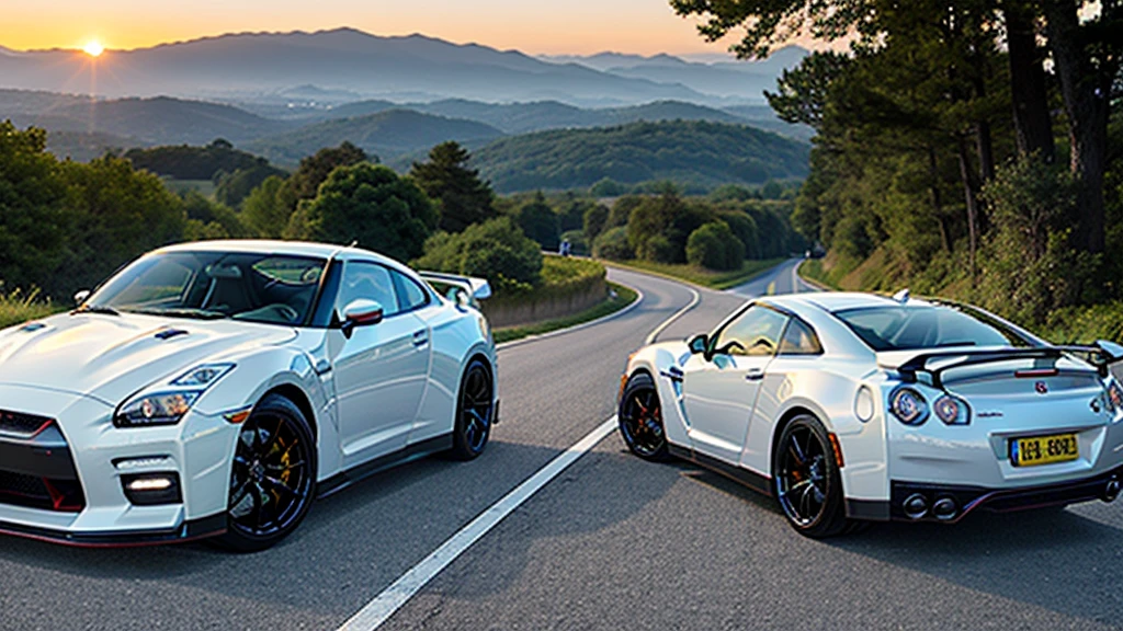 Photorealistic、High definition、car、GT sports car、Forest Road、Nissan、Skyline GT-R,Sunset、white、
