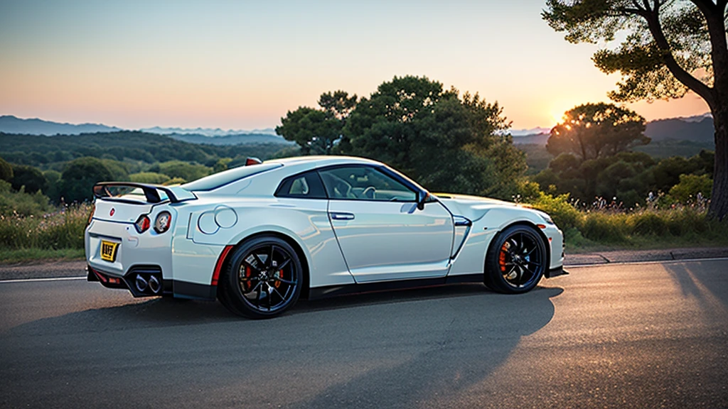 Photorealistic、High definition、car、GT sports car、Forest Road、Nissan、Skyline GT-R,Sunset、white、
