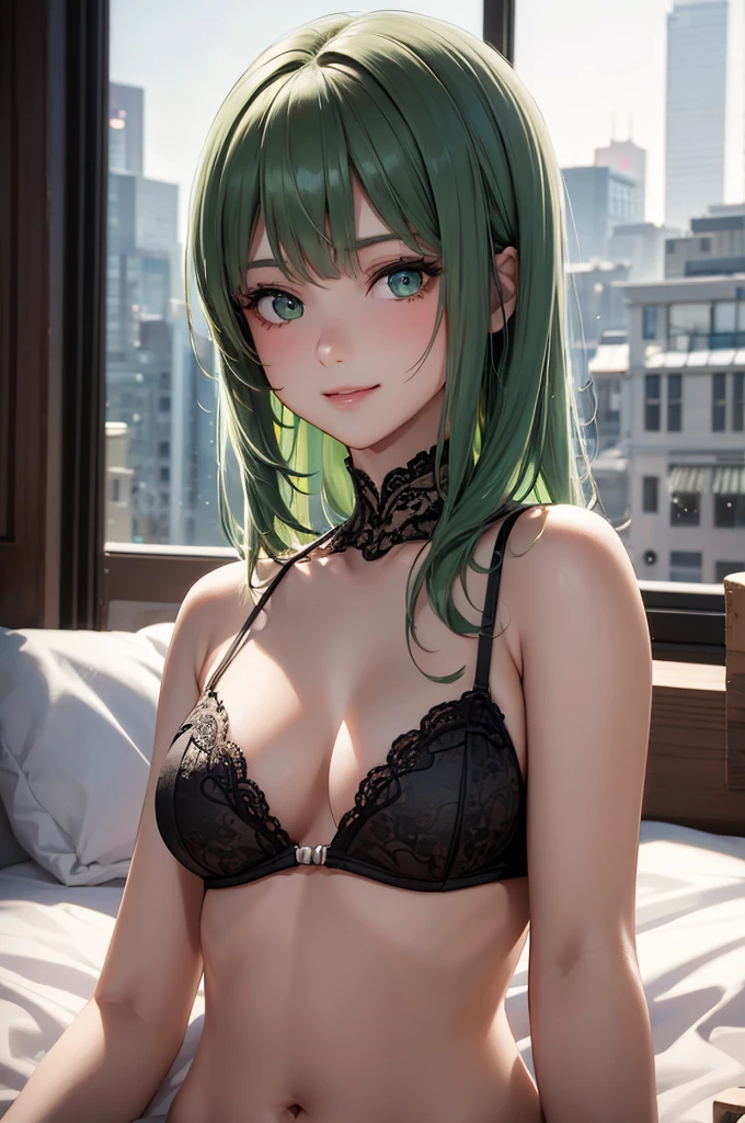Best Quality,High resolution,8K,finelity detailed background,Masterpiece:1.2),beautiful girl,Shiny green hair,crossed bangs,Green Eyes,Gentle look,A refreshing look,smile,Best quality,Best Quality,Aesthetic and aesthetic:1.2,Best details((Super detailed))(High-definition CG illustrations),Upper Body,Dark grey underwear, (gray,intricate lace),Slender body,night,moon,Bedroom,On the bed,smile,blush,cute,Scrounge,Looking up,Being spoiled,super model,wariza,shoot from,below
