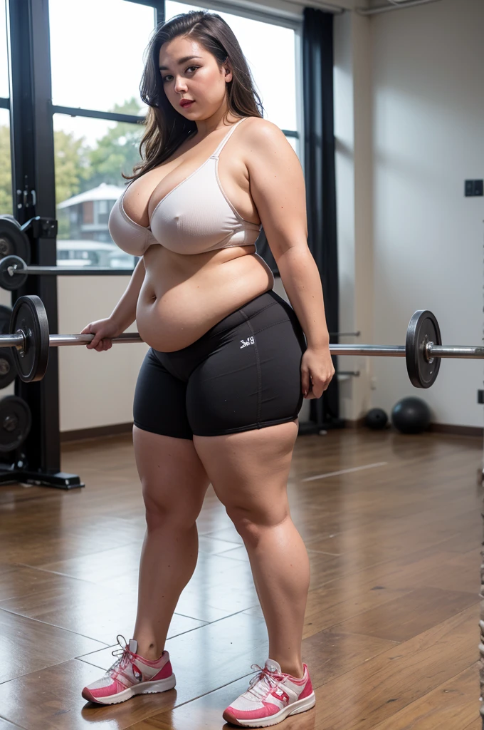 Full body picture, Wet BBW PAWG CHUBBY CURVY FAT ASS CURVY woman her big ass in thong and big cleavage in sports bra, lipstick,shoes, inside gym