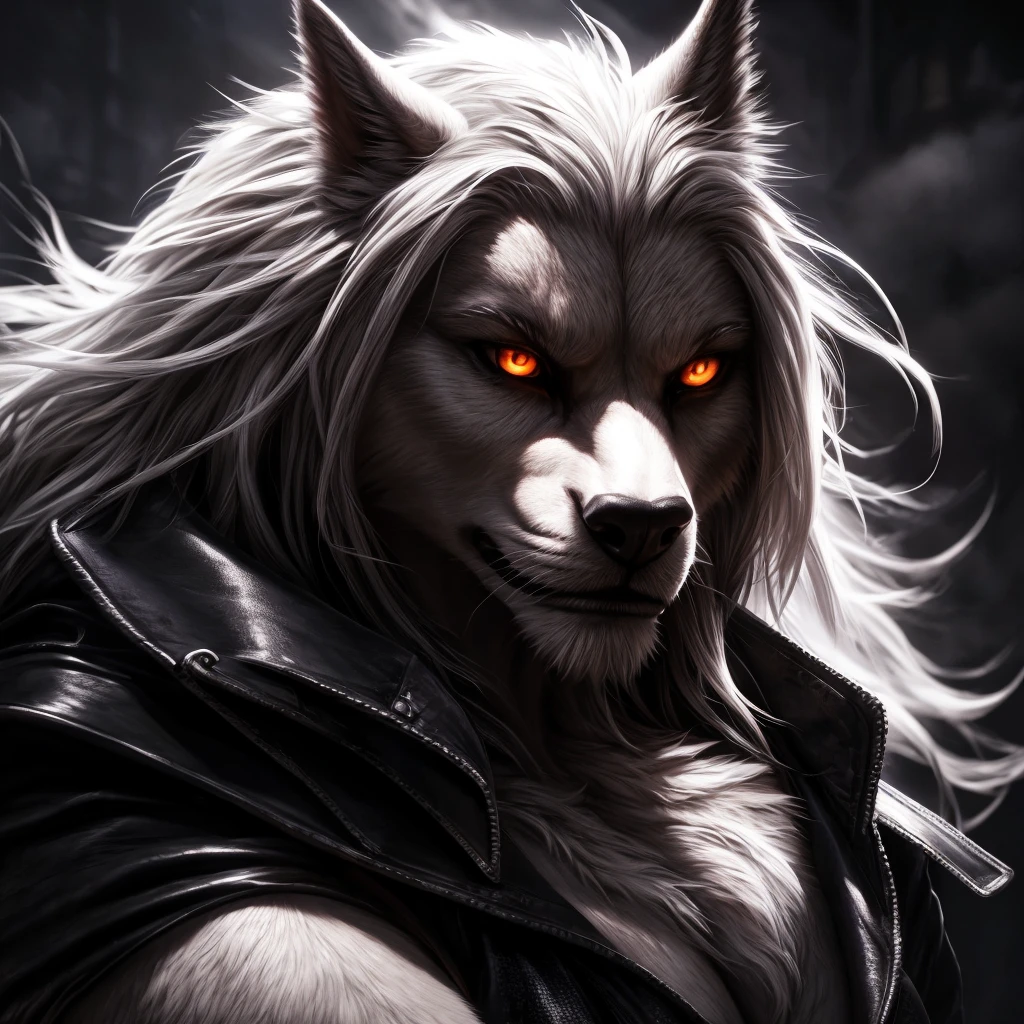 a female werewolf, white fur, white hair, orange eyes, wearing a white top, black open leather jacket, black miniskirt, curvy body, (best quality,4k,8k,highres,masterpiece:1.2),ultra-detailed,(realistic,photorealistic,photo-realistic:1.37),detailed eyes,detailed face,detailed lips,extremely detailed face and eyes,longeyewashes,dark fantasy,chiaroscuro lighting,dramatic lighting,moody lighting,cinematic lighting,dramatic contrast,dramatic shadows,volumetric lighting,vibrant colors,vivid colors,dark colors,dark moody