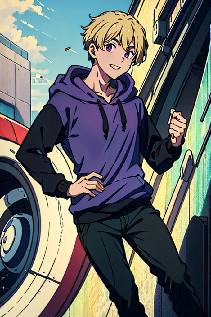 8k, original, (((1boy, solo))), teenager, illustration, mix, (single object), hd, absurdres, lora ((mappa studio style)), anime style, 2d, celshade style, digital art, (short hair), (((undercut hairstyle))), side-trimmed hair, (blonde hair), ((dark purple short sleeves hoodie)), (((with (sweater), ((long sleeves)), black sleeves))), black long pants, red sneakers, wide smile, teeth, suburban, both hands on hip, low angle, mid day