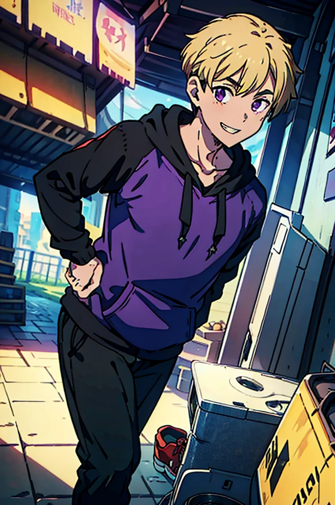 8k, original, (((1boy, solo))), ager, illustration, mix, (single object), hd, absurdres, lora ((mappa studio style)), anime style, 2d, celshade style, digital art, (short hair), (((undercut hairstyle))), side-trimmed hair, (blonde hair), ((dark purple short sleeves hoodie)), (((with (sweater), ((long sleeves)), black sleeves))), black long pants, red sneakers, wide smile, teeth, suburban, both hands on hip, low angle, mid day