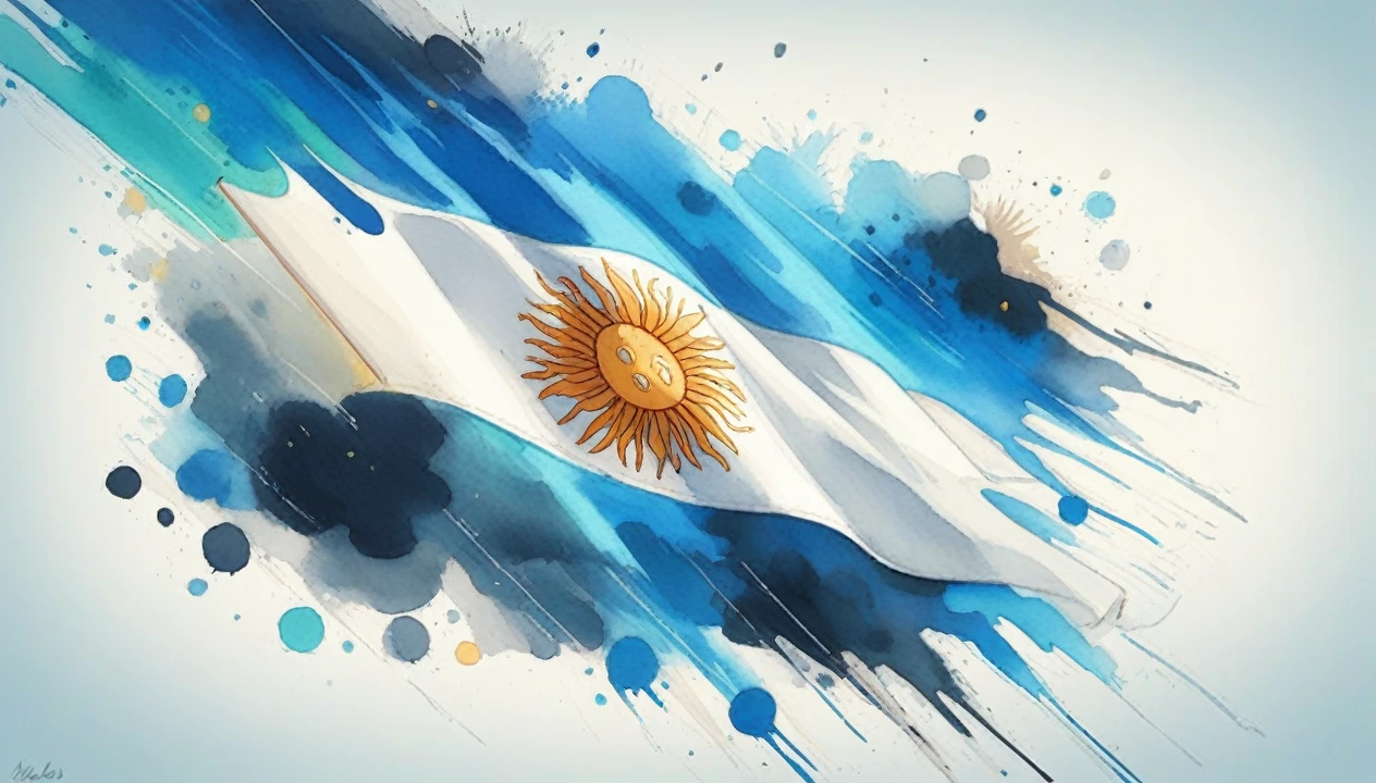 Flag - Design: The flag is made up of three horizontal stripes of equal width.. The top and bottom bands are sky blue, and the central stripe is white.
- May Sun: In the center of the white stripe, there is the May Sun, an important symbol in Argentine culture. The sun is golden yellow with a human face and 32 rays that alternate between straight and wavy. This sun symbolizes freedom and independence.
Artistic Elements - Watercolor Style: The image uses a watercolor painting style, with colors that appear to have been applied with loose, fluid brushstrokes, giving a sense of movement and dynamism.
- Ink Effects: There are splashes and splashes of paint around the flag, in various shades of blue, white and yellow. These effects add a sense of energy and creativity to the image.
- Texture: The texture of watercolor painting is visible, with areas of transparency and color overlap that create depth and tonal variation.
- Direction of Brushstrokes: Brushstrokes appear to run diagonally from top left to bottom right, creating an impression that the flag is being moved by the wind or is moving quickly.
Colors - Sky Blue: Sky blue is the predominant color., used on the top and bottom stripes of the flag and the splashes around.
- White: The central stripe is white, representing purity.
- Golden Yellow: The May Sun is in golden yellow, standing out vibrantly against the white stripe.
Composition - Central Focus: The May Sun occupies the central point of the image, attracting the observer's gaze.
- Symmetry: The flag maintains traditional symmetry, with well-defined horizontal bands and the centralized Sun of May.
- Visual Dynamics: The use of dynamic brushstrokes and splashes of paint around the flag breaks the rigidity of symmetry, creating an intriguing and modern visual effect.
Background - Background Colors: The background is a soft mix of light tones, mainly white and very light blue, what ah
