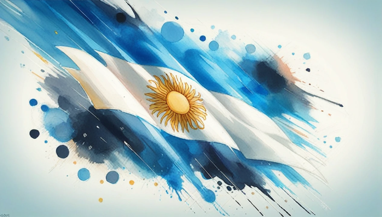  Flag - Design: The flag is made up of three horizontal stripes of equal width.. The top and bottom bands are sky blue, and the central stripe is white.
- May Sun: In the center of the white stripe, there is the May Sun, an important symbol in Argentine culture. The sun is golden yellow with a human face and 32 rays that alternate between straight and wavy. This sun symbolizes freedom and independence.
 Artistic Elements - Watercolor Style: The image uses a watercolor painting style, with colors that appear to have been applied with loose, fluid brushstrokes, giving a sense of movement and dynamism.
- Ink Effects: There are splashes and splashes of paint around the flag, in various shades of blue, white and yellow. These effects add a sense of energy and creativity to the image.
- Texture: The texture of watercolor painting is visible, with areas of transparency and color overlap that create depth and tonal variation.
- Direction of Brushstrokes: Brushstrokes appear to run diagonally from top left to bottom right, creating an impression that the flag is being moved by the wind or is moving quickly.
 Colors - Sky Blue: Sky blue is the predominant color., used on the top and bottom stripes of the flag and the splashes around.
- White: The central stripe is white, representing purity.
- Golden Yellow: The May Sun is in golden yellow, standing out vibrantly against the white stripe.
 Composition - Central Focus: The May Sun occupies the central point of the image, attracting the observer&#39;s gaze.
- Symmetry: The flag maintains traditional symmetry, with well-defined horizontal bands and the centralized Sun of May.
- Visual Dynamics: The use of dynamic brushstrokes and splashes of paint around the flag breaks the rigidity of symmetry, creating an intriguing and modern visual effect.
 Background - Background Colors: The background is a soft mix of light tones, mainly white and very light blue, what ah
