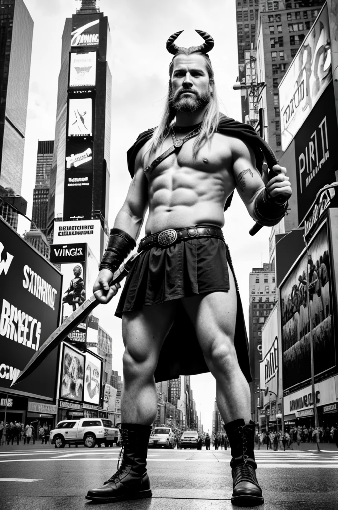 Generate a pop art style photograph of a Viking warlord holding up an axe in a monochrome long shot standing in front of Times Square, New York