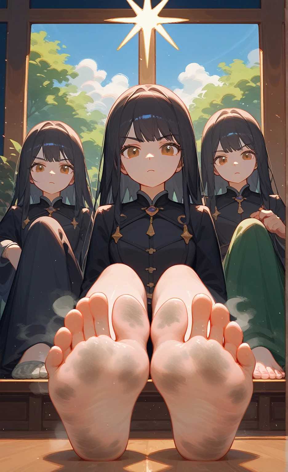 wallpaper, best quality, Very detailed, masterpiece, Extremely detailed, illustration, sky,Foot Focus,, Frowning, barefoot, Dirty feet,Stinky feet,Steam around feet,