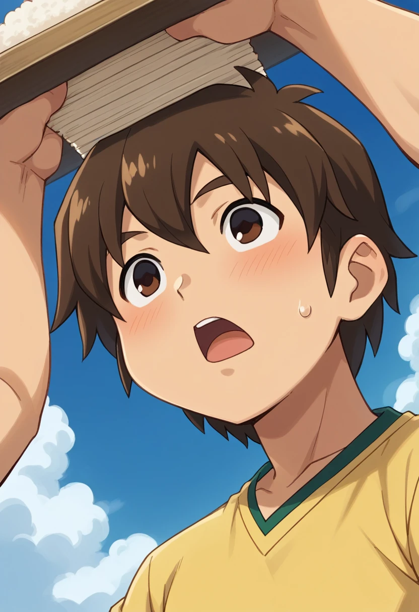 Best image quality、A boy holding rice balls in both hands、Plump Cheeks、(口の周りのrice粒)、Beige Parka、ショートカットのBrown Hair、Open your mouth wide、happiness、Eat rice balls、Triangle、rice、anime, One boy, Handa Shinichi, Brown Hair, Brown eyes, stop temporarily,Composition looking up from below、please sit down