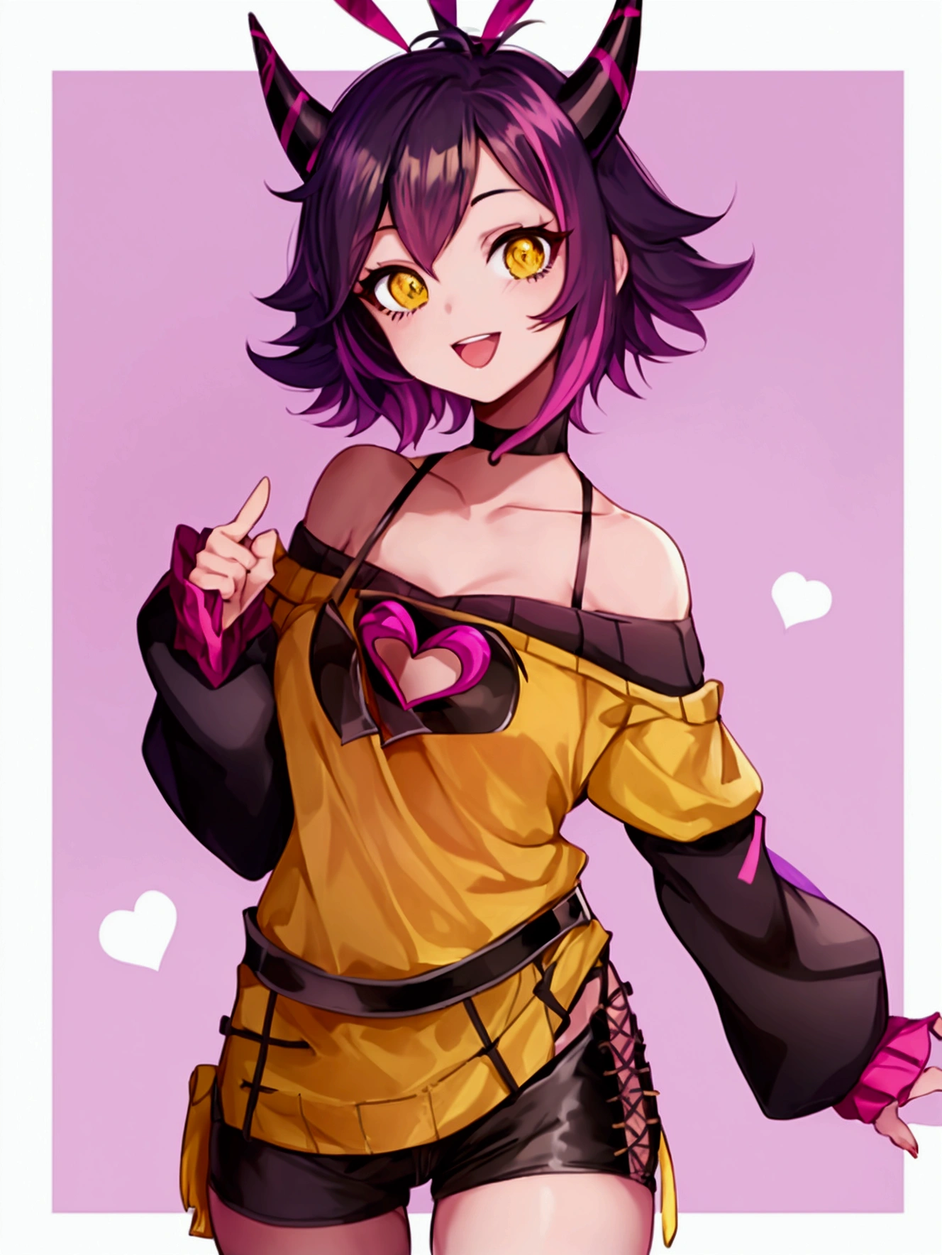 mina ashido, 1girl, solo, looking at viewer, smile, short hair, open mouth, simple background, long sleeves, white background, bare shoulders, collarbone, yellow eyes, pink hair, :d, heart, cowboy shot, horns, shorts, off shoulder, sweater, hand on hip, v, colored skin, black shorts, colored sclera, black sclera, off-shoulder sweater, pink skin, v over eye, purple sweater