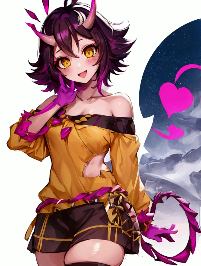 mina ashido, 1girl, solo, looking at viewer, smile, short hair, open mouth, simple background, long sleeves, white background, bare shoulders, collarbone, yellow eyes, pink hair, :d, heart, cowboy shot, horns, shorts, off shoulder, sweater, hand on hip, v, colored skin, black shorts, colored sclera, black sclera, off-shoulder sweater, pink skin, v over eye, purple sweater
