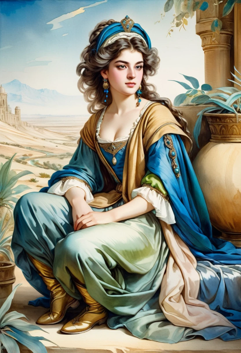 "An attractive young  princess Budur is sitting in Caracum desert" The outfit of a Persian princess ((in the style of Jean-Baptiste Greuze / Albrecht-Altdorfer )), lush watercolor palette canvas/acrylic, intricate, extreme detail, complex key, ((single shot)), ((best quality)), ((masterpiece)), ((realistic)), 8k, impressionism: 0.2 full hd wallpaper
