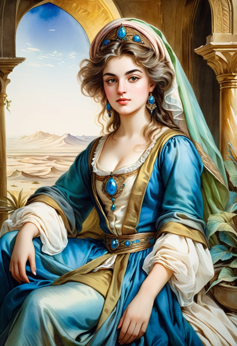 "An attractive young princess Budur is sitting in Caracum desert" The outfit of a Persian princess ((in the style of Jean-Baptiste Greuze / Albrecht-Altdorfer )), lush watercolor palette canvas/acrylic, intricate, extreme detail, complex key, ((single shot)), ((best quality)), ((masterpiece)), ((realistic)), 8k, impressionism: 0.2 full hd wallpaper
