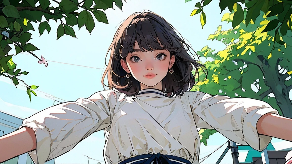 Affordable design, Clear lines, High Sharpness, (Highest quality,8K,Perfect sharpness,Ultra-fine,High resolution,masterpiece:1.2), Perfect Anatomy:1.5, Official Art, Illustrations that tell a story, (Whitish background:0. 9)、Body Positivity、Diverse physical expressions、(Random and strange poses))、Perfect beauty、Perfect beautiful face、(非常にStrong winds)、Rich expressiveness、Dynamic configuration、Golden ratio composition、colorful、((color々Different angles and perspectives))、Anime Drawings、((Overcoming stereotypes))、 Glowing Skin、(natureの美)、bangs、Straight Long Hair、(Soft and flowing hair)、((Playful and easygoing))、(diverse characters)、((Graceful posture))、(Sunny atmosphere)、(vivid color)、Shorts、Brown Hair、A light smile、 ((Emotional))、bangs、natureな反応、Summer clothing、(Braided hair)、Show off your thighs、Strong winds、hilarious pose、Outdoor、nature、Fresh greenery、One Woman、Looking up at the dazzling sun