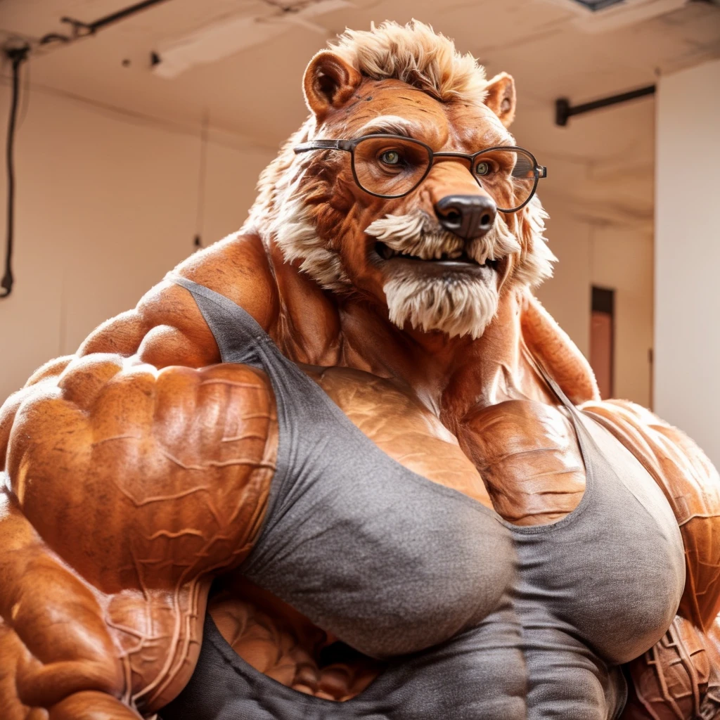 muscular old grizzly brar, detailed, wearing tank top and shorts, glasses, really big mustache, huge brown ,really big muscle, bigger muscle, very big muscular, over sized muscle, biggest muscle, big pec muscular, biggest pec muscle, detailed muscle, realistic rendering, CG realistic, 3d realistic, photography, background,