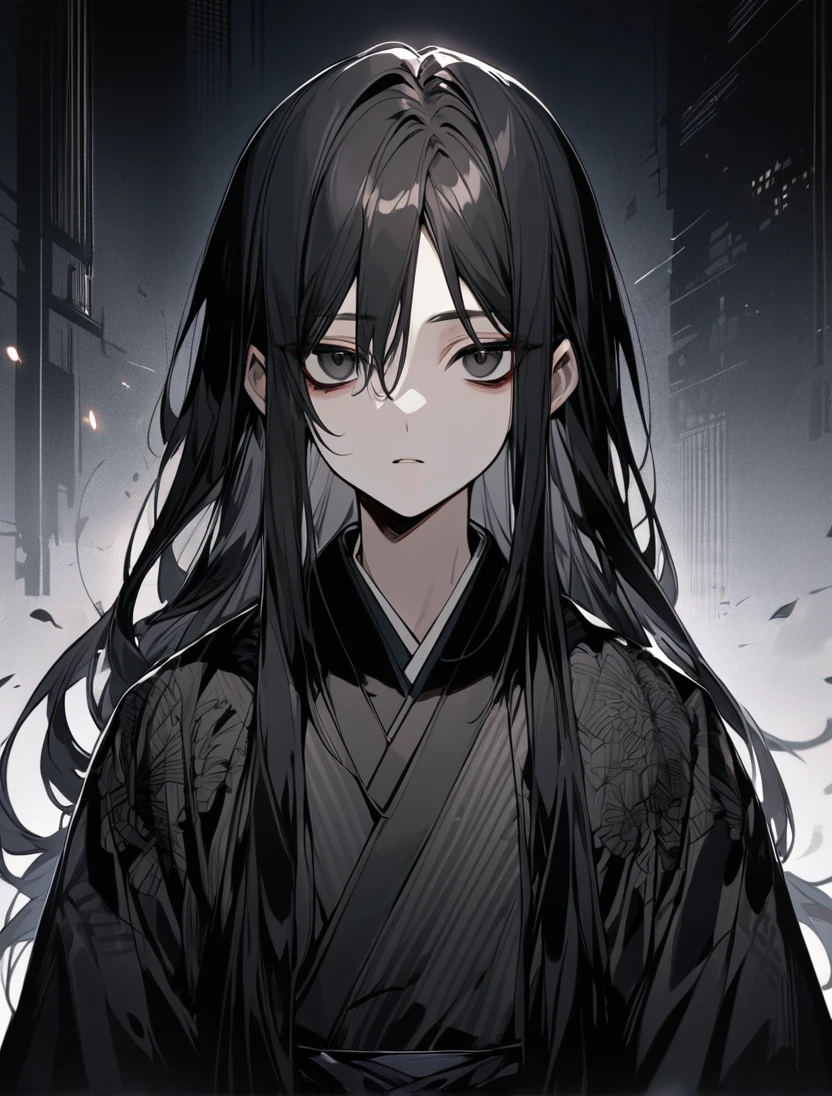 (black_hair), (long_hair), (deep_black_eyes), (high_detailed_eyes), (attractive), (emotionless), (male), (wearing _a_Unique_kimono), (detailed_Hair), (detailed), (detailed_mouth), (young_appearance), (dark_under_eyes)