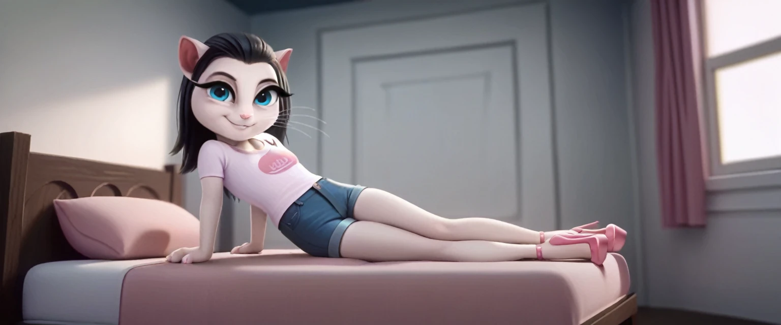 solo focus, a_la, 1girl, cat, white fur, long whiskers on both sides of the face, big bright blue eyes, big black eyelashes, black hair, pink nose, triangular ears with pink channels, long legs,  high heels, shorts jeans, white T-shirt, side view. sit in bed, smile, at home, looking back, sexy pose.Score_9, Score_8_up, Score_7_