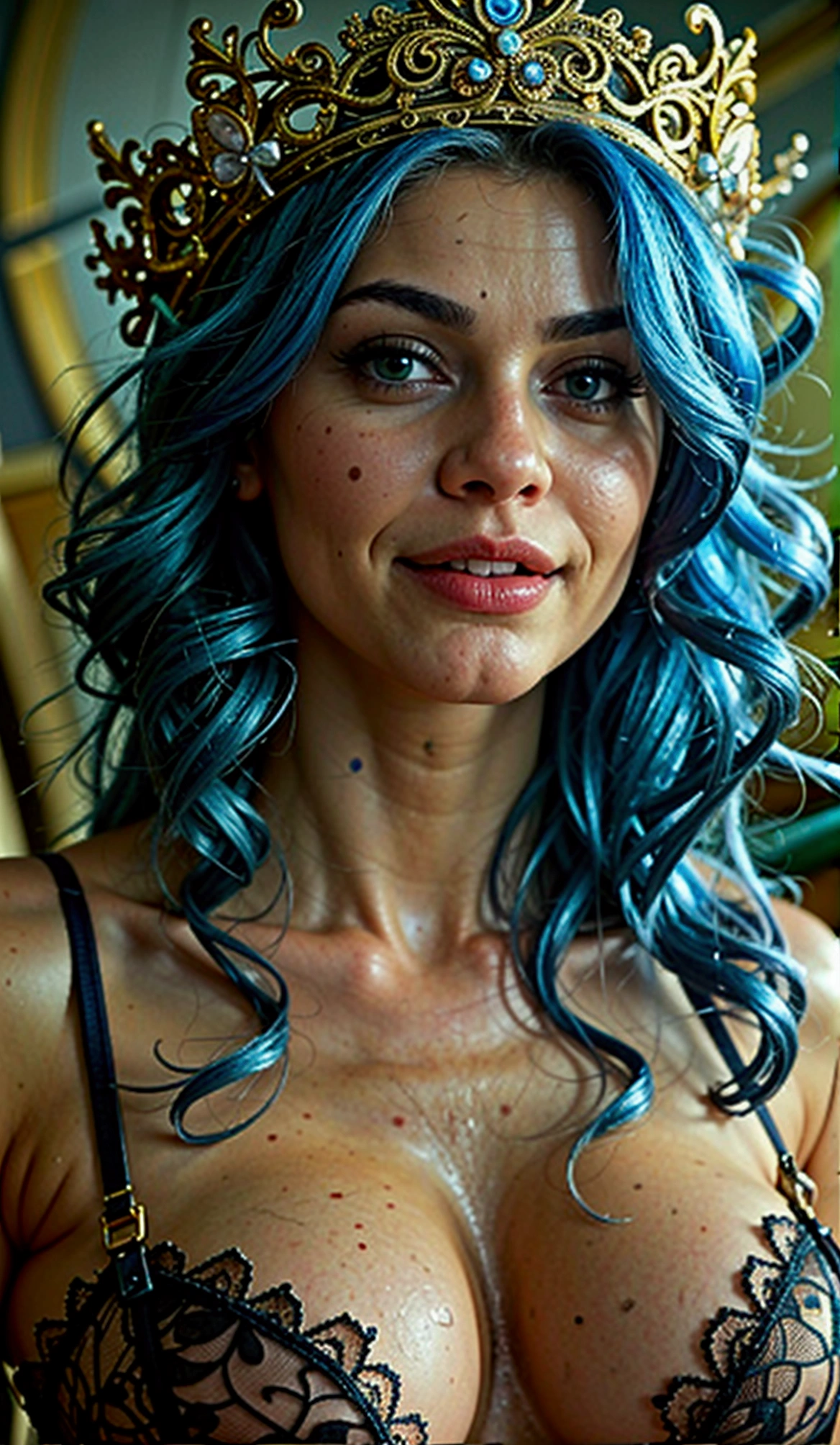 A young sexy woman with Blue hair, (big breasts), slim body, sexy thong panties, Corset, Hard nipples, (Pubic hair), (Full body), mischievous smile, (focus on details, realistic style, high quality, 4k resolution)