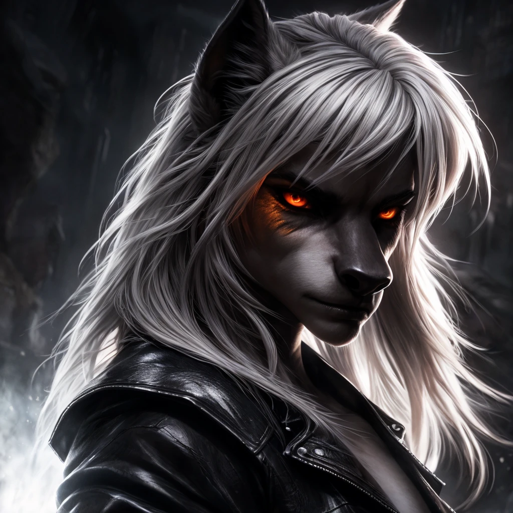 a female werewolf, white fur, white hair, orange eyes, wearing a white top, black open leather jacket, black miniskirt, curvy body, sexy body, (best quality,4k,8k,highres,masterpiece:1.2),ultra-detailed,(realistic,photorealistic,photo-realistic:1.37),detailed eyes,detailed face,detailed lips,extremely detailed face and eyes,longeyewashes,dark fantasy,chiaroscuro lighting,dramatic lighting,moody lighting,cinematic lighting,dramatic contrast,dramatic shadows,volumetric lighting,vibrant colors,vivid colors,dark colors,dark moody