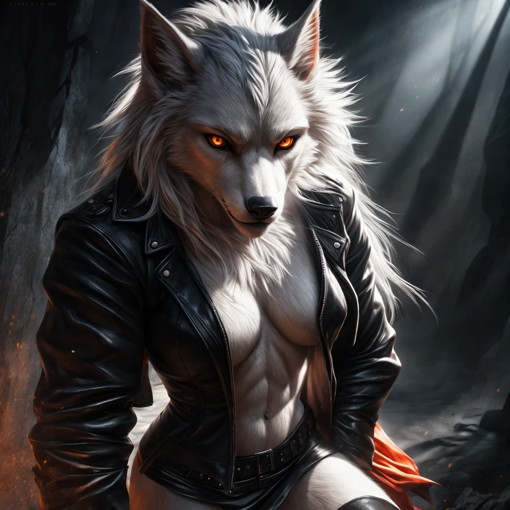a female werewolf, white fur, white hair, orange eyes, wearing a white top, black open leather jacket, black miniskirt, curvy body, sexy body, (best quality,4k,8k,highres,masterpiece:1.2),ultra-detailed,(realistic,photorealistic,photo-realistic:1.37),detailed eyes,detailed face,detailed lips,extremely detailed face and eyes,longeyewashes,dark fantasy,chiaroscuro lighting,dramatic lighting,moody lighting,cinematic lighting,dramatic contrast,dramatic shadows,volumetric lighting,vibrant colors,vivid colors,dark colors,dark moody
