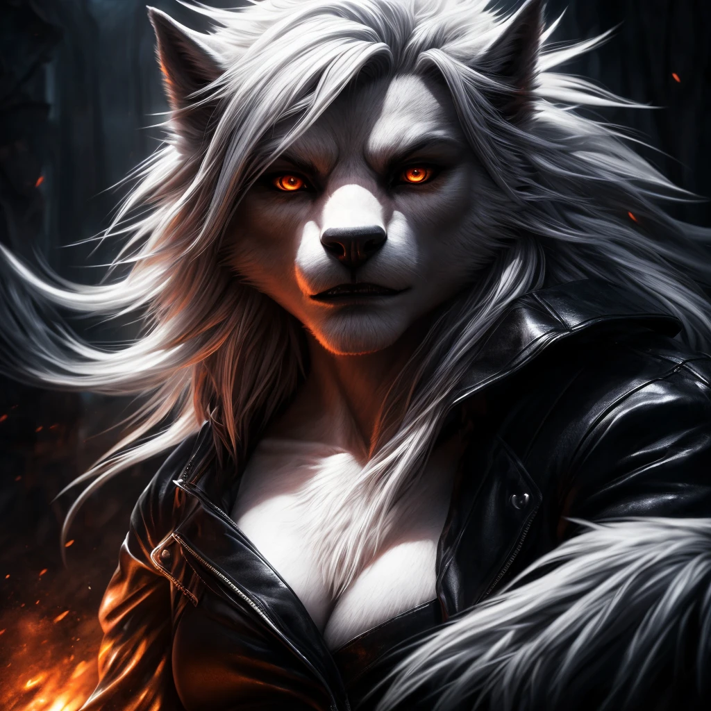 a female werewolf, white fur, white hair, orange eyes, wearing a white top, black open leather jacket, black miniskirt, curvy body, sexy body, (best quality,4k,8k,highres,masterpiece:1.2),ultra-detailed,(realistic,photorealistic,photo-realistic:1.37),detailed eyes,detailed face,detailed lips,extremely detailed face and eyes,longeyewashes,dark fantasy,chiaroscuro lighting,dramatic lighting,moody lighting,cinematic lighting,dramatic contrast,dramatic shadows,volumetric lighting,vibrant colors,vivid colors,dark colors,dark moody