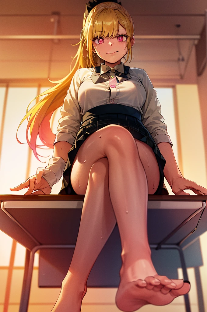 2d, masterpiece, best quality, anime, highly detailed, 1girl, solo, (yellow hair, pink eyes, white shirt, buttoned shirt, black skirt, black bowtie:2), (very long hair:1.4), (ponytail:2), , straight-on, smile, (full body:1.5), (from below:1.5), thick thighs, looking down at viewer, upskirt, (large breasts:1.3), field, (looming:1.3), (mature female:1.6), high quality, hd quality, masterpiece, photorealistic, (presenting foot, soles, close-up foot:1.3), intense angle, :d, (sitting on desk:1.6), very low angle, female pervert, toragao, (sitting:1.5), (bare legs, barefeet, barefoot,:1.4), full body in frame, (classroom, indoors:1.3), clasroom desk, (hand on desk:2), (one hand at side:1.6), (licking lips, licking own lips:1.1), (sweat:1.2), anime girl sitting on a desk with her legs crossed, hyperrealistic , realistic , a hyperrealistic , seductive anime girl, smooth anime cg art, thighs close up, thighs!!!, beautiful anime girl squatting, commission for high res, large thighs, extremely detailed artgerm, sitting on a desk, on a desk, (crossed legs:1.7), (closed mouth:2), (bangs:1.4), (perfect feet:1.4), marin Kitagawa