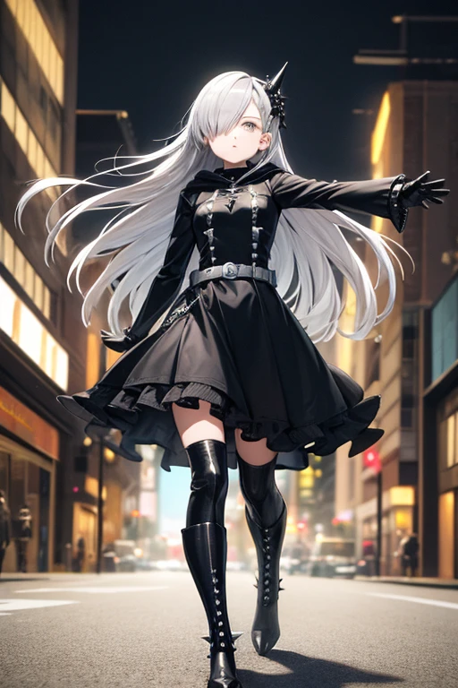 ((best quality)), ((masterpiece)), (detailed), 1 girl, Full body, 18 years old, Depressed face, Silver eyes, One eye, Outstretched arms, Covered eyes, Silver hair, Long hair, Spiky hair, Bangs, Strand of hair covering her eye, Full body, Tall, Athletic, Small breasts, Slim, Gray zippered hood, Metal spikes, Gray wristbands, Long black spiked gloves, Gray gothic outfit, Gothic lolita, Gray dress with metal spikes, Metal emblem, Tight fit, Black belt, Black stockings, Black boots, Walking through the city, Metal spikes coming out of the highway, City background, Gray clothes, Superhero, Anime, Plush rabbit in her arms