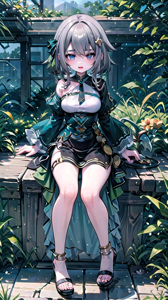 (8K, best quality, master piece: 1.5),super high resolution, One girl, solo, full body, , ultra-detailed face, detailed eyes, rainbow colored iris, cyan eyes, twin tails, Silver gray hair, blunt bangs, hairclip, orgasm face, pale skin, Medium chest, Light purple princess dress, bare legs, anklet, garden,