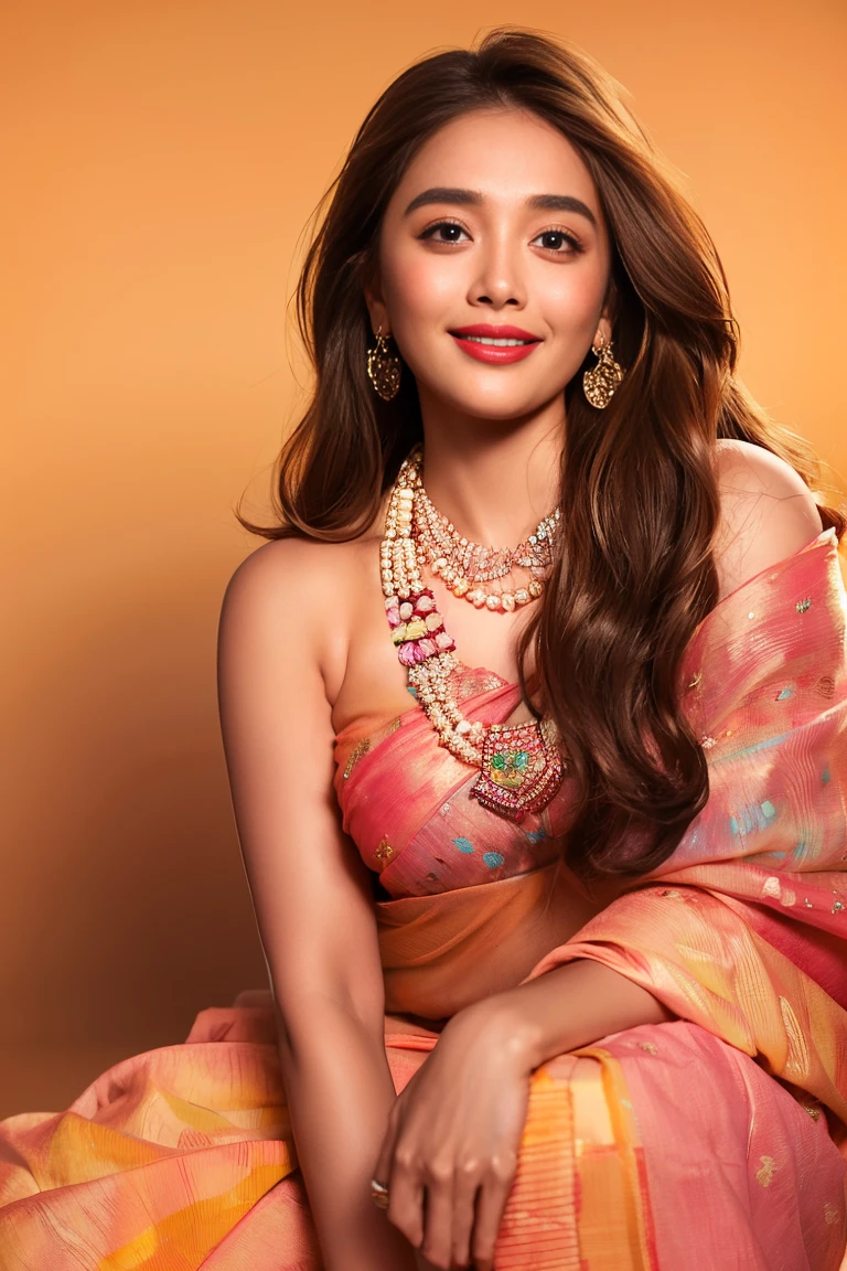 best quality,8k, Detailed facial depictions, Detailed eye description, Brown hair(long wavyhair),beautiful elizabeth olsen, 21 years old, pink saree, bare-breasted,thick body, large chest size, Sitting with your legs apart, Smiling face, Colorful earrings, necklace,