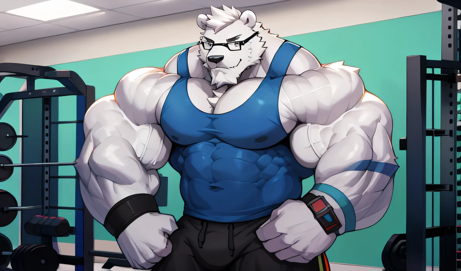 solo, 1boy, Huge Muscular White Polar Bear wearing glasses, huge white fur, pectoral, huge pectoral, wide pectoral, short white hair, blue colored short pants, blue colored wristbands and blue colored tank top, white bearded, white Mustache, white fur, black eyebrows, gym fitness center background, masterpiece, high detailed, 8k, high resolution, at the gym, flexes huge thorax, looking at the viewer, acting all hunk