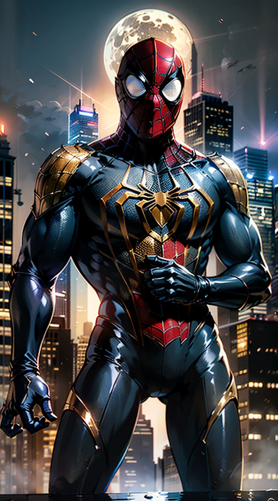 An artistic interpretation of ((male Spider-Man)), (((adorned in a striking black and gold armor designed intricately))), stands heroically amidst the bustling streets of New York City beneath the luminous glow of a full moon. The intricately designed suit shimmers with a glossy black and resplendent gold finish, accentuating the web-slinger's agility and grace. Spider-Man's iconic pose exudes a sense of power and vigilance, as he surveys the city from his vantage point. The New York street comes alive in the night, with vibrant city lights illuminating the urban landscape. The moon shines brightly overhead, casting its ethereal radiance upon the scene. The cityscape is alive with a symphony of colors and reflections, creating a visually captivating atmosphere.The art style draws inspiration from the works of Alex Ross, combining elements of realism and superhero aesthetics. The camera angle is dynamic, capturing Spider-Man's dynamic presence against the backdrop of the city that never sleeps. The render style is a fusion of hyper realism and surrealism, invoking a sense of awe and wonder. The image is conceived in breathtaking 64K UHD resolution, allowing for unparalleled levels of detail and visual richness, (((masterpiece))), (high res), ((super cinematic lighting)), award winning photograph, india style #game and blue color