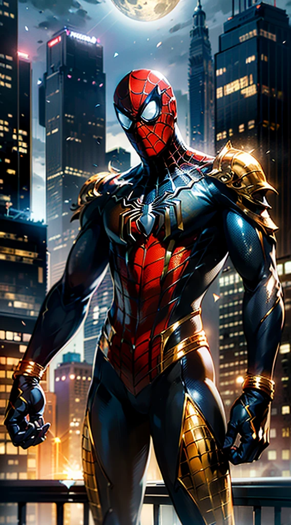 An artistic interpretation of  ((male Spider-Man)), (((adorned in a striking black and gold armor designed intricately))), stands heroically amidst the bustling streets of New York City beneath the luminous glow of a full moon. The intricately designed suit shimmers with a glossy black and resplendent gold finish, accentuating the web-slinger's agility and grace. Spider-Man's iconic pose exudes a sense of power and vigilance, as he surveys the city from his vantage point. The New York street comes alive in the night, with vibrant city lights illuminating the urban landscape. The moon shines brightly overhead, casting its ethereal radiance upon the scene. The cityscape is alive with a symphony of colors and reflections, creating a visually captivating atmosphere.The art style draws inspiration from the works of Alex Ross, combining elements of realism and superhero aesthetics. The camera angle is dynamic, capturing Spider-Man's dynamic presence against the backdrop of the city that never sleeps. The render style is a fusion of hyper realism and surrealism, invoking a sense of awe and wonder. The image is conceived in breathtaking 64K UHD resolution, allowing for unparalleled levels of detail and visual richness, (((masterpiece))), (high res), ((super cinematic lighting)), award winning photograph, india style #game  and blue color 