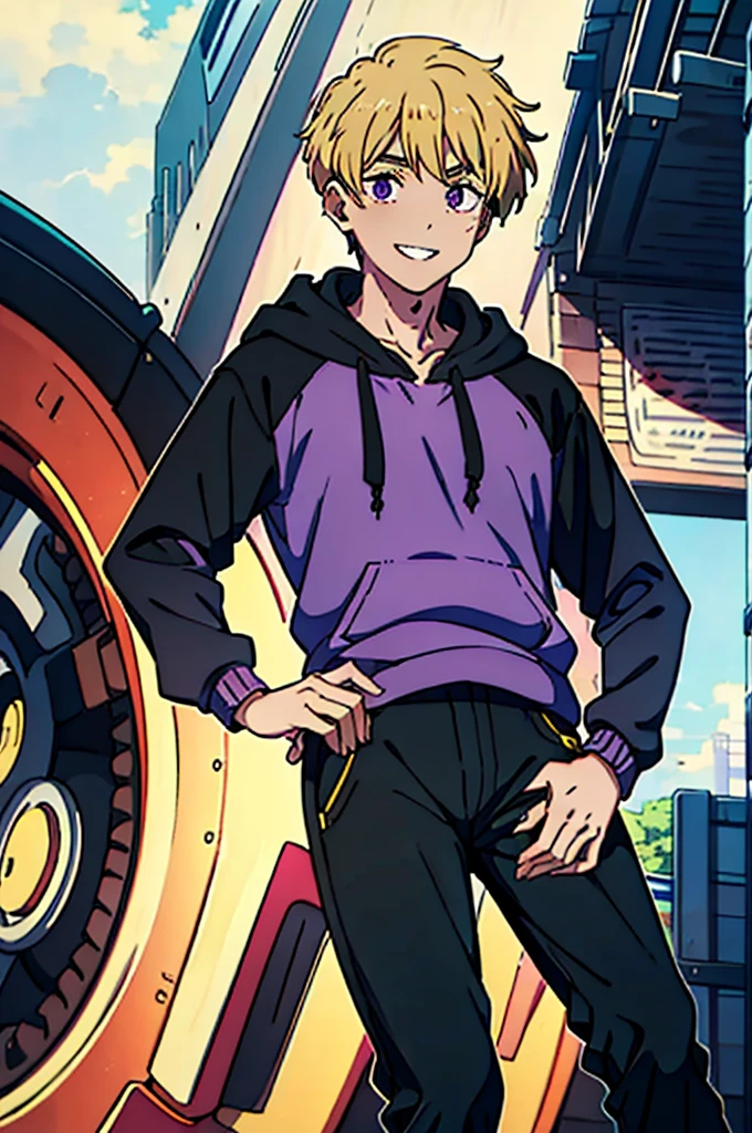 8k, original, (((1boy, solo))), teenager, illustration, mix, (single object), hd, absurdres, lora ((mappa studio style)), anime style, 2d, celshade style, digital art, (short hair), (((undercut hairstyle))), side-trimmed hair, (blonde hair), ((dark purple short sleeves hoodie)), (((with (sweater), ((long sleeves)), black sleeves))), black long pants, red sneakers, wide smile, teeth, suburban, both hands on hip, low angle, mid day