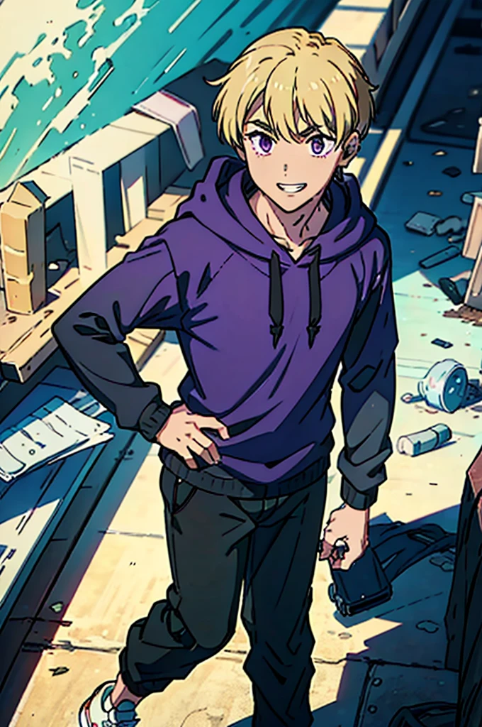 8k, original, (((1boy, solo))), ager, illustration, mix, (single object), hd, absurdres, lora ((mappa studio style)), anime style, 2d, celshade style, digital art, (short hair), (((undercut hairstyle))), side-trimmed hair, (blonde hair), ((dark purple short sleeves hoodie)), (((with (sweater), ((long sleeves)), black sleeves))), black long pants, red sneakers, wide smile, teeth, suburban, both hands on hip, low angle, mid day