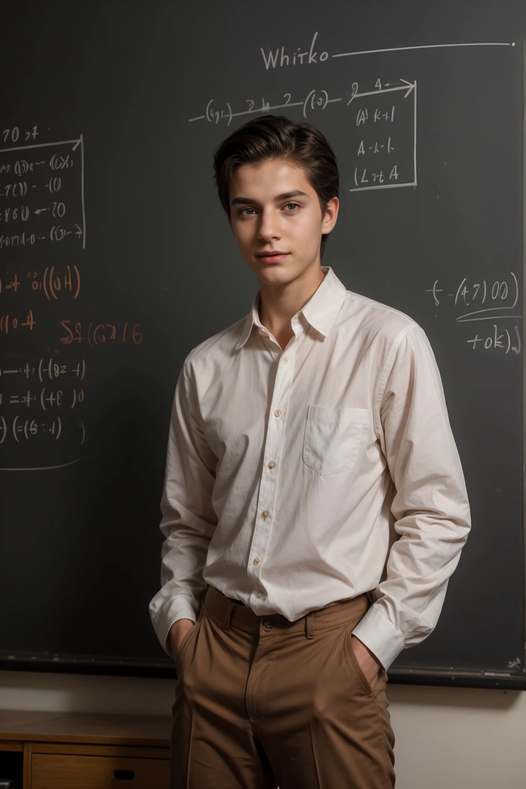 A beautiful young male twinks with black hair, wearing a long-sleeved white cotton shirt and brown pants. He is in his scientific office, and behind him is a blackboard with calculus written on it. He looks on proudly, with a face with reddish makeup.