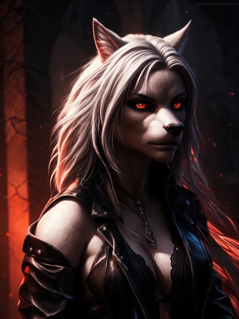 a female werewolf, white fur, white hair, orange eyes, wearing a white top, black open leather jacket, black miniskirt, curvy body, sexy body, lingerie panties (best quality,4k,8k,highres,masterpiece:1.2),ultra-detailed,(realistic,photorealistic,photo-realistic:1.37),detailed eyes,detailed face,detailed lips,extremely detailed face and eyes,longeyewashes,dark fantasy,chiaroscuro lighting,dramatic lighting,moody lighting,cinematic lighting,dramatic contrast,dramatic shadows,volumetric lighting,vibrant colors,vivid colors,dark colors,dark moody