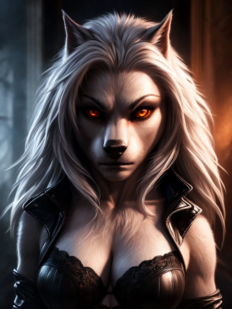 a female werewolf, white fur, white hair, orange eyes, wearing a white top, black open leather jacket, black miniskirt, curvy body, sexy body, lingerie panties (best quality,4k,8k,highres,masterpiece:1.2),ultra-detailed,(realistic,photorealistic,photo-realistic:1.37),detailed eyes,detailed face,detailed lips,extremely detailed face and eyes,longeyewashes,dark fantasy,chiaroscuro lighting,dramatic lighting,moody lighting,cinematic lighting,dramatic contrast,dramatic shadows,volumetric lighting,vibrant colors,vivid colors,dark colors,dark moody