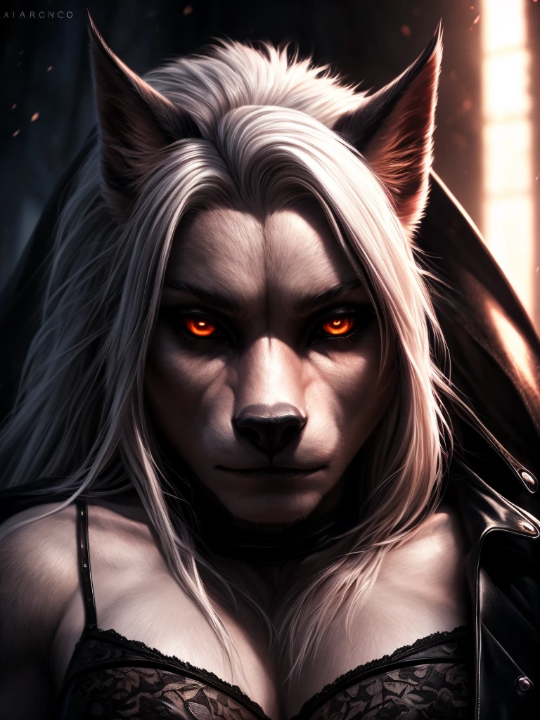 a female werewolf, white fur, white hair, orange eyes, wearing a white top, black open leather jacket, black miniskirt, curvy body, sexy body, lingerie panties (best quality,4k,8k,highres,masterpiece:1.2),ultra-detailed,(realistic,photorealistic,photo-realistic:1.37),detailed eyes,detailed face,detailed lips,extremely detailed face and eyes,longeyewashes,dark fantasy,chiaroscuro lighting,dramatic lighting,moody lighting,cinematic lighting,dramatic contrast,dramatic shadows,volumetric lighting,vibrant colors,vivid colors,dark colors,dark moody
