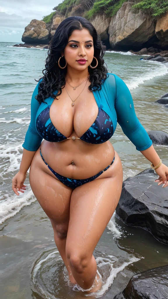 full body picture , BBW Wet curvy, wet Desi MOMMY showing her big ass in sexy sexy thong cow pattern bikini and showing cleavage and in nose ring, many bangles in hands,earings, necklace ,lipstick ,navel,Indian, Chubby, showing her curves in sea water, sea waves , rocks