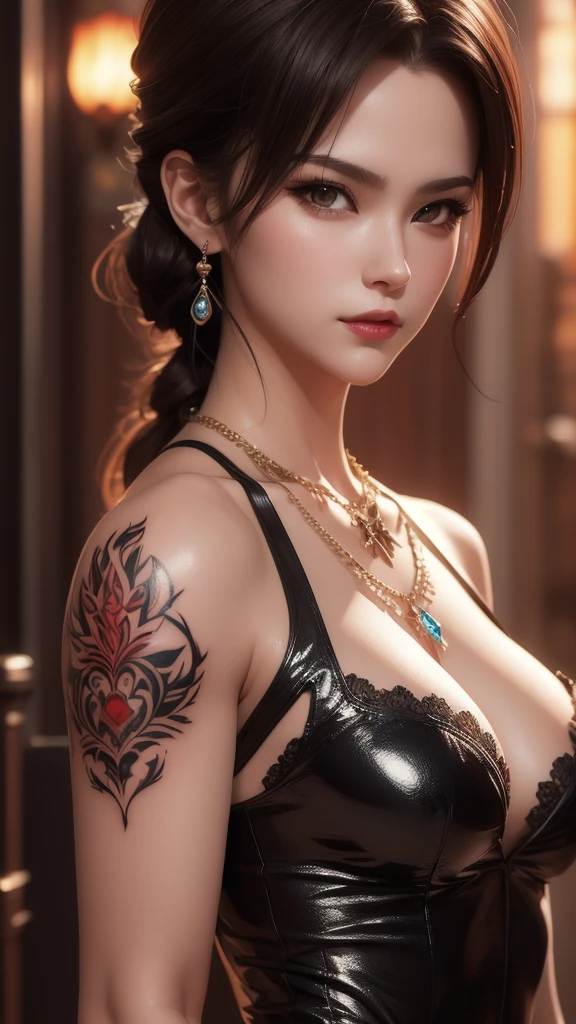 (masterpiece, best quality:1.2), 独奏, Game Art,Cg animation,Best image quality,Maximum resolution,8K,(A half-length photo),(portrait),(Head close-up),(Rule of Thirds),Unreal Engine 5 rendering works,20 year old girl,((Queen)),The eyes are very detailed,(Large Breasts),Elegance and nobility,Movie Lighting,Ray Tracing,Game CG,((3D Unreal Engine)),OC rendering reflection pattern,4K,Ultra-clear,Translucent lace,Fair and plump figure,Pretty Face,Glossy Gel Coat,The Queen in a luxurious dress,Necklace jewelry,intricate tattoo designs,The tattoo is very delicate,goddess,Large breasts,Steel bracelet on arm,Turn one eye and close one eye