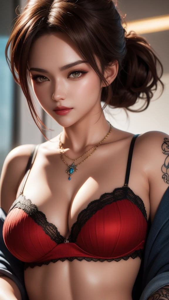 (masterpiece, best quality:1.2), 独奏, Game Art，Cg animation，Best image quality，Maximum resolution，8K，(A half-length photo)，(portrait)，(Head close-up)，(Rule of Thirds)，Unreal Engine 5 rendering works，20 year old girl，((Queen))，The eyes are very detailed，(Large Breasts)，Elegance and nobility，Movie Lighting，Ray Tracing，Game CG，((3D Unreal Engine))，OC rendering reflection pattern，4K，Ultra-clear，Translucent lace，Fair and plump figure，Pretty Face，Glossy Gel Coat，The Queen in a luxurious dress，Necklace jewelry，intricate tattoo designs，The tattoo is very delicate，goddess，Large breasts，Steel bracelet on arm，Turn one eye and close one eye