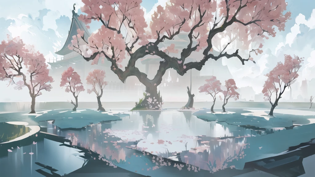 There is a painting,There is a castle in the painting,There are ponds and trees inside, anime background technology, Anime Landscape概念艺术, A beautiful artistic illustration, background technology, Ross Chen. Landscape background, Anime Landscape, environment design illustration, Landscape Game Concept Art, background technologywork, Tranquility illustration, Zen temple background, Cherry Blossom Forest, Landscape Artwork, interior background technology, flowing sakura-colored silk