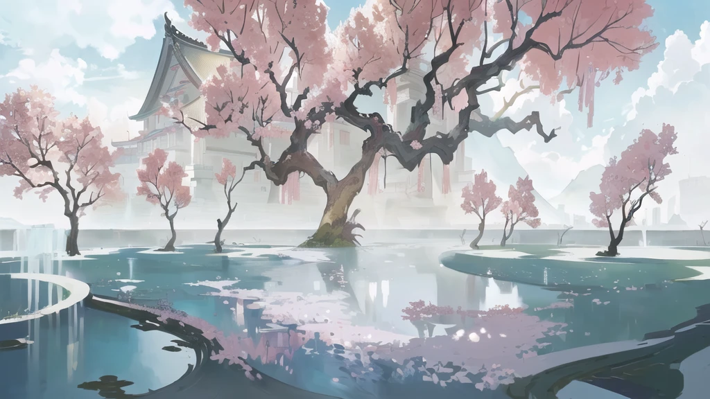 There is a painting,There is a castle in the painting,There are ponds and trees inside, anime background technology, Anime Landscape概念艺术, A beautiful artistic illustration, background technology, Ross Chen. Landscape background, Anime Landscape, environment design illustration, Landscape Game Concept Art, background technologywork, Tranquility illustration, Zen temple background, Cherry Blossom Forest, Landscape Artwork, interior background technology, flowing sakura-colored silk