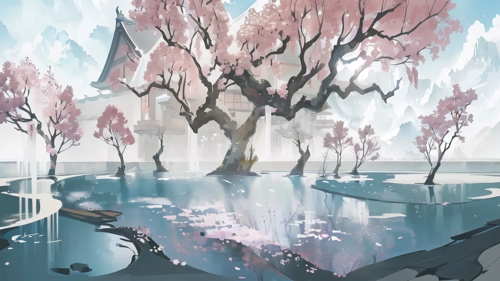 There is a painting,There is a castle in the painting,There are ponds and trees inside, anime background technology, Anime Landscape概念艺术, A beautiful artistic illustration, background technology, Ross Chen. Landscape background, Anime Landscape, environment design illustration, Landscape Game Concept Art, background technologywork, Tranquility illustration, Zen temple background, Cherry Blossom Forest, Landscape Artwork, interior background technology, flowing sakura-colored silk