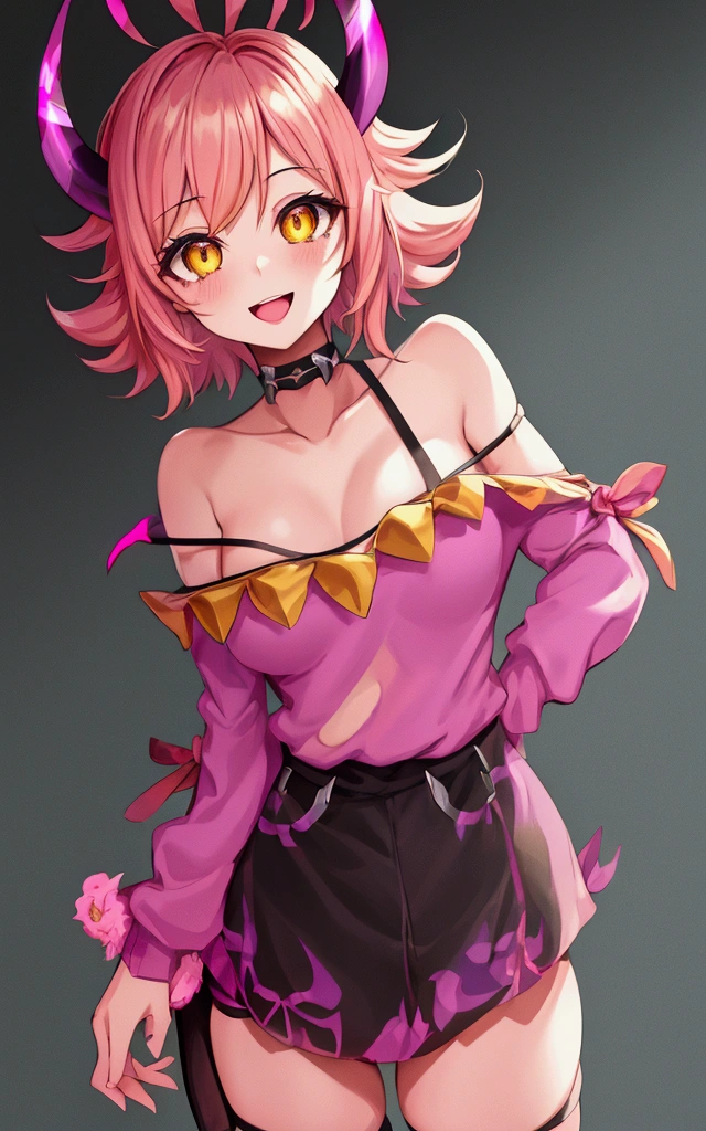 mina ashido, 1girl, solo, looking at viewer, smile, short hair, open mouth, simple background, long sleeves, white background, bare shoulders, collarbone, yellow eyes, pink hair, :d, heart, cowboy shot, horns, shorts, off shoulder, sweater, hand on hip, v, colored skin, black shorts, colored sclera, black sclera, off-shoulder sweater, pink skin, v over eye, purple sweater