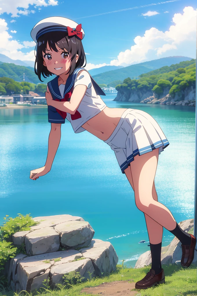 shinkai makoto, kimi no na wa., 1girl, bangs, black hair, blush, expressive eyes, brown eyes, perfect face, looking at the viewer, sailor uniform, sailor's hat, exposed navel, white shirt, short sleeves, blue skirt, short hair, solo, outdoors, shinny skin, smile, cute, grin, cloudy, blue sky, mountains, rocks, sitting, (masterpiece), best quality