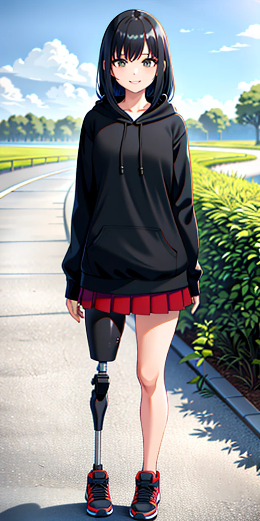 best quality, 1girl, solo, standing, outdoors, medium hair, black hair, straight hair, Lock of red hair, looking at viewer, medium breasts, (prosthetic leg:1.2), full body, smiling, (skirt:1.2), two prosthetic legs, sneakers, lycra skirt, oversized_hoddie, black oversized_hoddie.