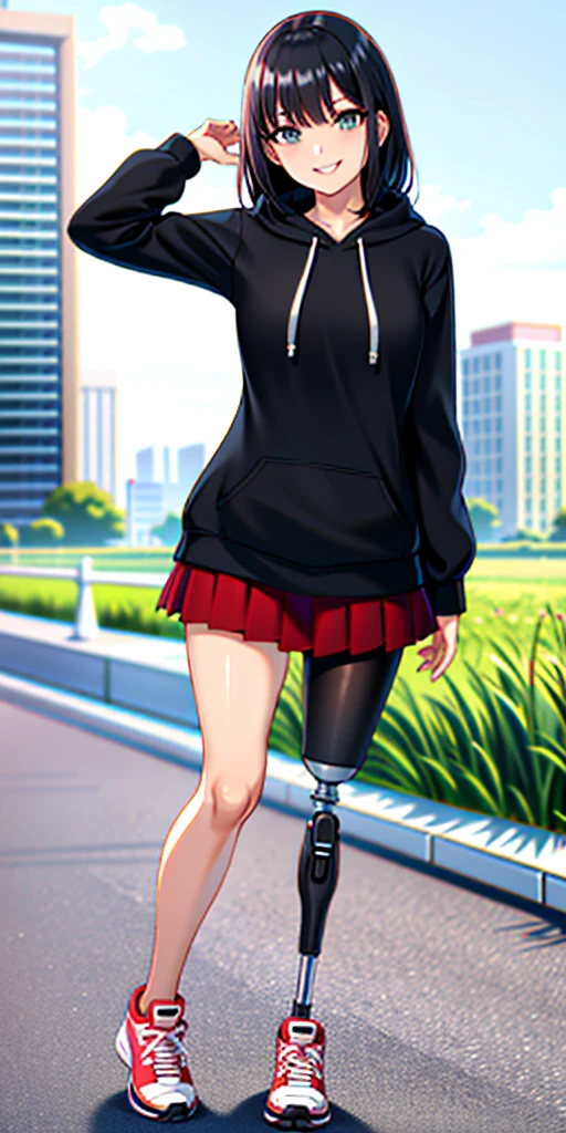 best quality, 1girl, solo, standing, outdoors, medium hair, black hair, straight hair, Lock of red hair, looking at viewer, medium breasts, (prosthetic leg:1.2), full body, smiling, (skirt:1.2), two prosthetic legs, sneakers, lycra skirt, oversized_hoddie, black oversized_hoddie.