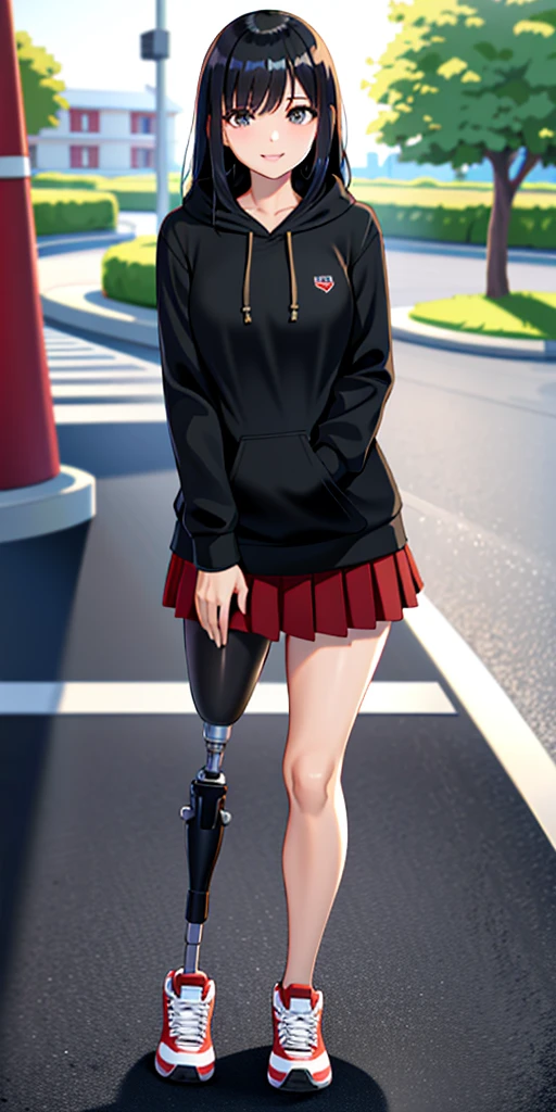 best quality, 1girl, solo, standing, outdoors, medium hair, black hair, straight hair, Lock of red hair, looking at viewer, medium breasts,  (prosthetic leg:1.2), full body, smiling, (skirt:1.2), two prosthetic legs, sneakers, lycra skirt, oversized_hoddie, black oversized_hoddie. 