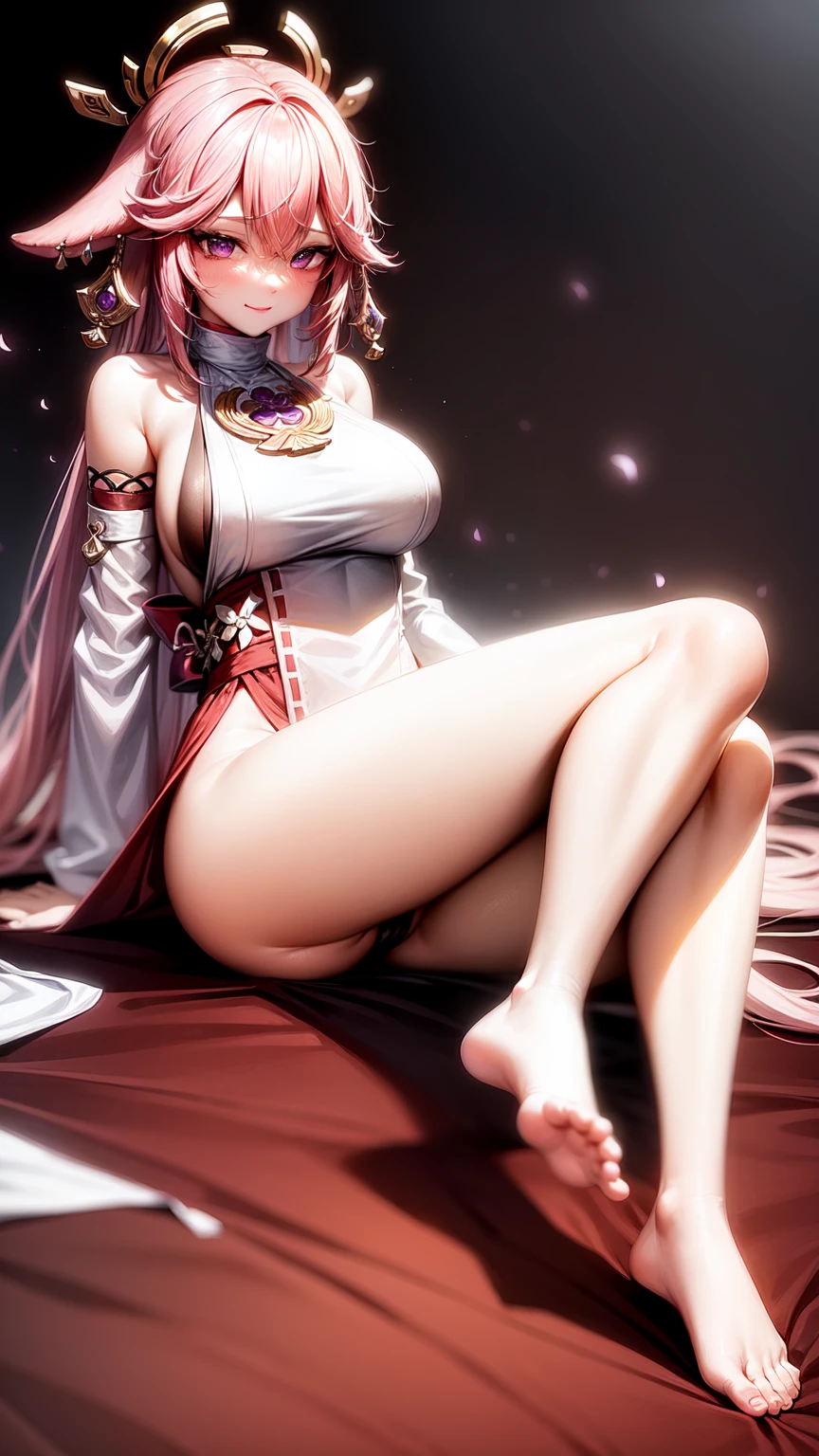 Yae Miko,purple eyes,Wedding Dress,long skirt,seductive face,legs open